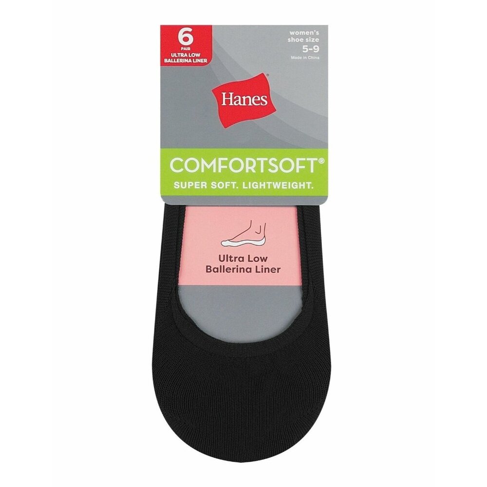 Hanes Womens Lightweight Comfort Soft Ballerina Liner Socks 6 Pair NWT Black 5-9